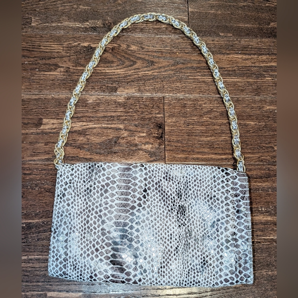 Elliott Lucca Gray Snakeskin Envelope Clutch With Gold Chain Shoulder Bag - Picture 2 of 8